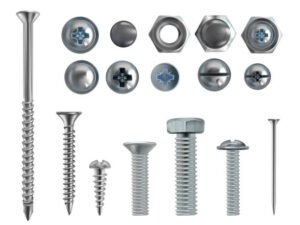 Vector 3d realistic illustration of stainless steel bolts, nails and screws on white background. Top and side view of industrial chrome hardware, different heads with nuts and washers